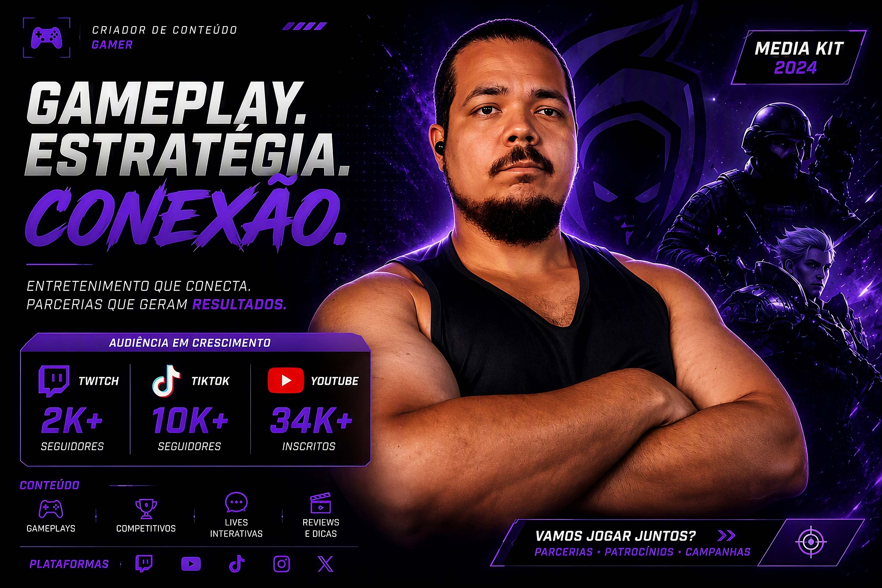 Tio Lou, criador de conteúdo gamer, de braços cruzados com personagens de FPS ao fundo